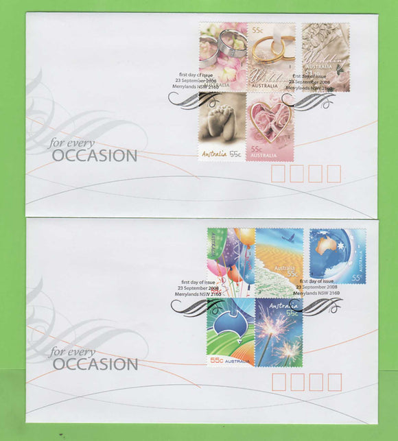 Australia 2008 Greetings Stamps. For Every Occasion set on two First Day Covers