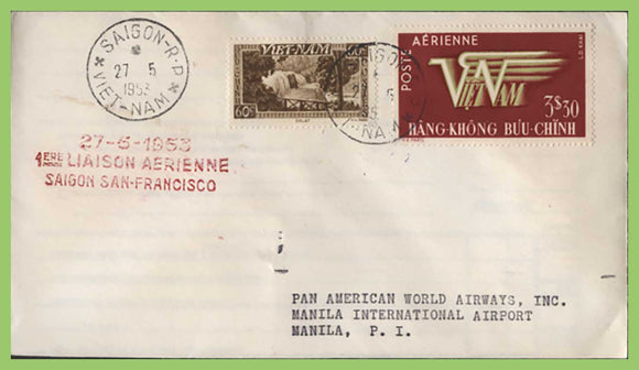 Vietnam 1953 First Flight cover, Saigon-San Francisco route, Manila leg