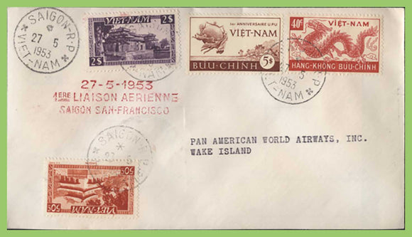 Vietnam 1953 First Flight cover, Saigon-San Francisco route, Wake leg