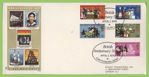 G.B. 1970 Anniversaries set on First Day Cover, Canterbury