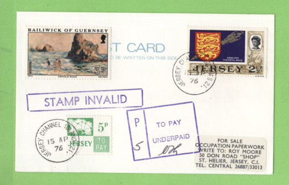 Jersey 1976 2½p on postcard with 5p postage due and instructional marks
