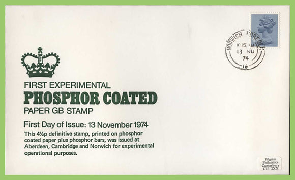 G.B. 1974 4½p Experimental phosphor definitive on First Day Cover, Norwich cds