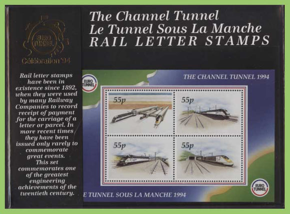 G.B. 1994 Euro Tunnel Rail Letter Stamps, miniature sheet presentation pack