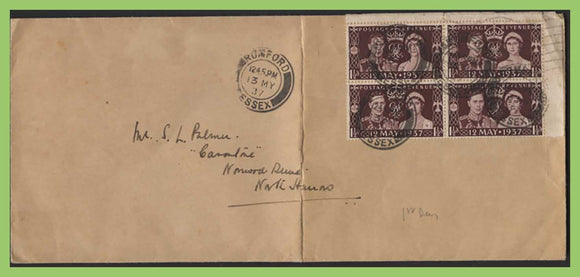 G.B. 1937 KGVI Coronation block of four on plain First Day Cover