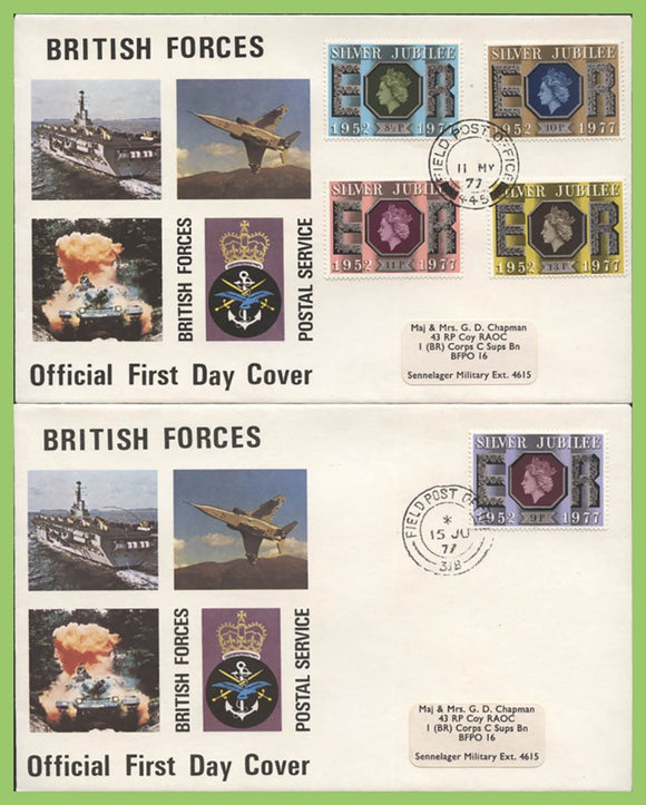 G.B. 1977 Silver Jubilee set on two Forces First Day Cover, FPO 318 & 445