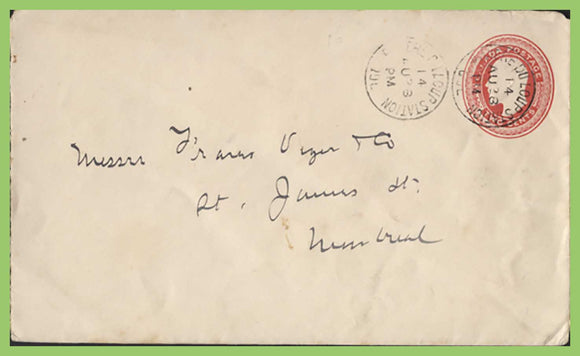 Canada 1928 KGV 2c postal stationery envelope, Riviere Du Loups Station cancel