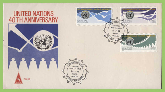Malta 1985 40th Anniversary of United Nations set on ES First Day Cover, Valletta