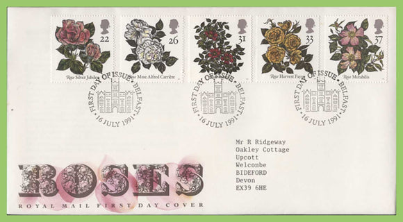 G.B. 1991 Roses set on Royal Mail First Day Cover, Belfast