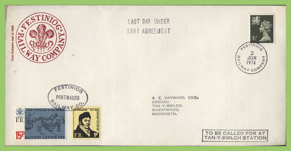 G.B. 1974 Festiniog Railway Letter Fee cover, Last day under 1891 Agreement, cover