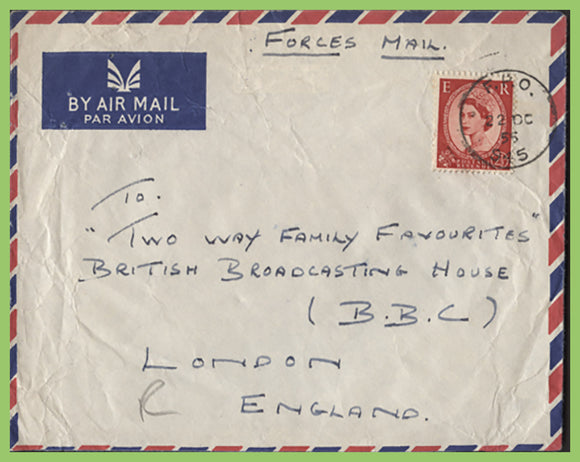 G.B. 1955 2½d QEII on Airmail cover with F.P.O. 945 cancel