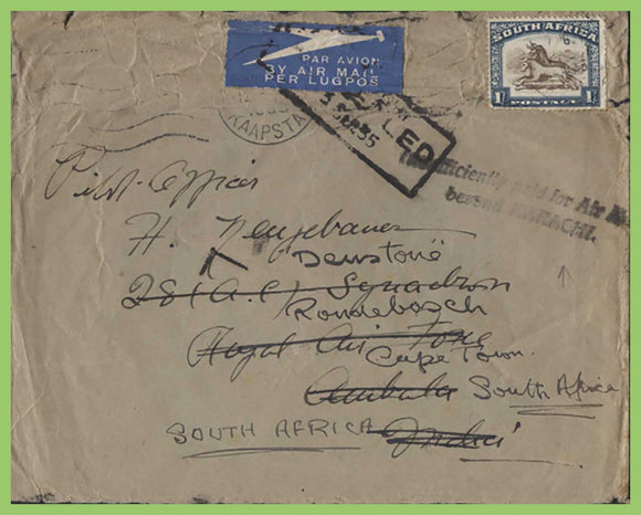 South Africa 1935 Cover to 'British Cavalry Lines' , Insufficient Postage paid & returned
