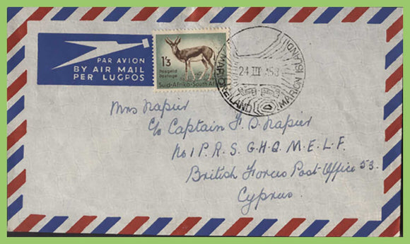 South Africa 1958 Marion Island cover to Cyprus. F.P.O.168 receiver on the reverse