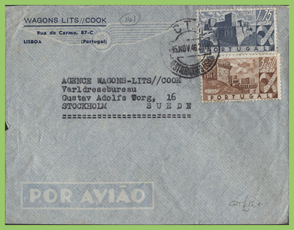 Portugal 1946 1$75 and 3$50 on airmail cover to Sweden