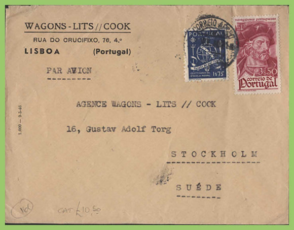 Portugal 1945 1$75 and 3$50 on airmail cover to Sweden