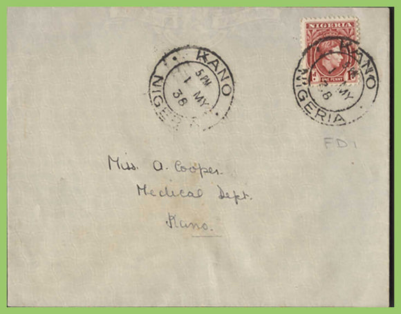 Nigeria 1936 KGVI 1d on cover, First Day of issue cancel