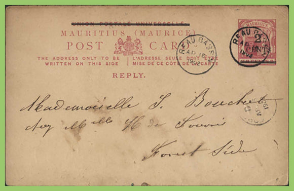 Mauritius - 1902 2c overprint postal stationery card used. Beau-Bassin cancel