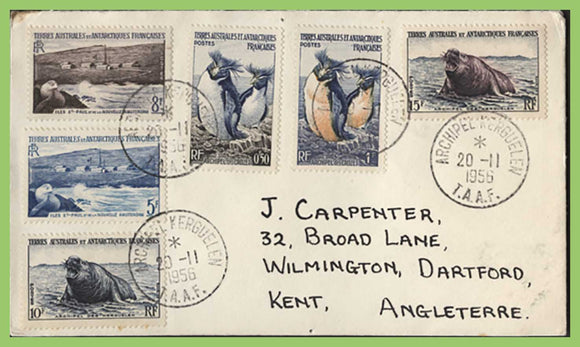French Antarctic 1956 six definitives to 15f on cover, Archipel Kereguelen TAAF