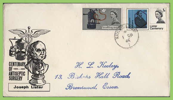 G.B. 1965 Joseph Lister set First Day Cover, Rayleigh, Esssex