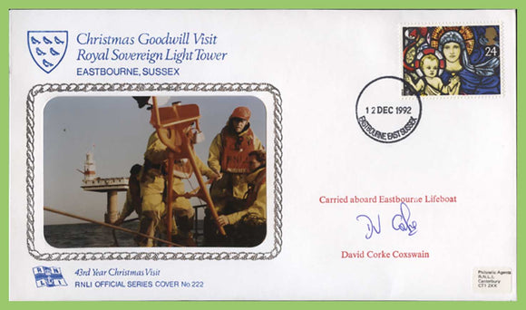 G.B. 1992 RNLI Cover No 222, Christmas Goodwill Visit, Royal Sovereign Light Tower signed cover