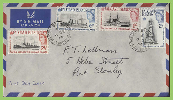 Falkland Island 1964 50th Anniversary 'Battle of the Falkland Islands' set, airmail First Day Cover