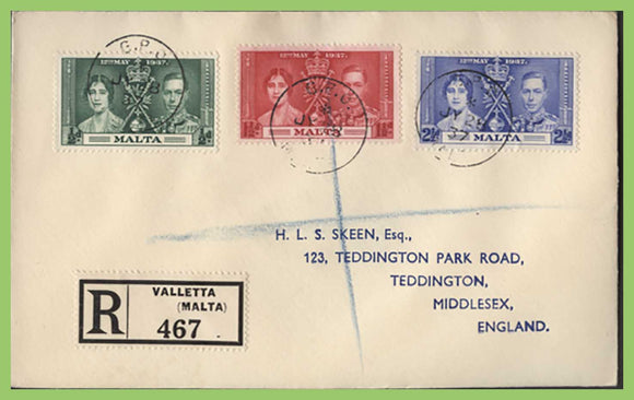 Malta 1937 KGVI Coronation set on registered cover
