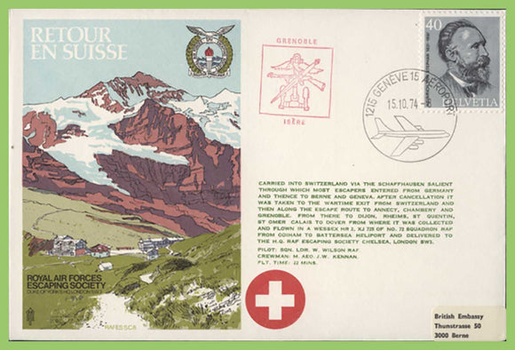 Switzerland 1974 RAF Escaping Society, 'Retour en Suisse' flown cover, RAFES SC8