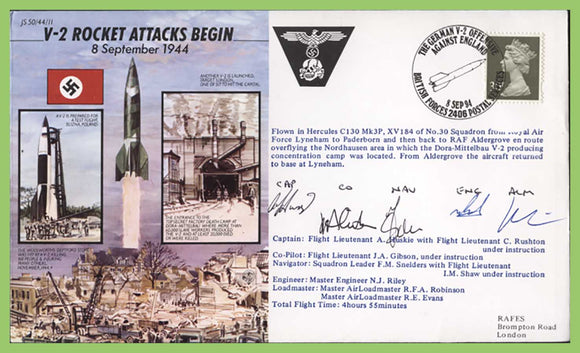 G.B. 1994 RAF Flown and Signed Cover, 'V2 Rocket Attacks Begin'' JS 50/44/11