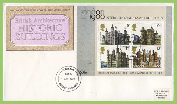 G.B. 1978 Historic Buildings M/S on Post Office First Day Cover, Portland Dorset