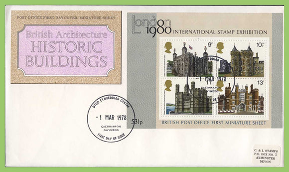 G.B. 1978 Historic Buildings M/S on Post Office First Day Cover, Caernarfon