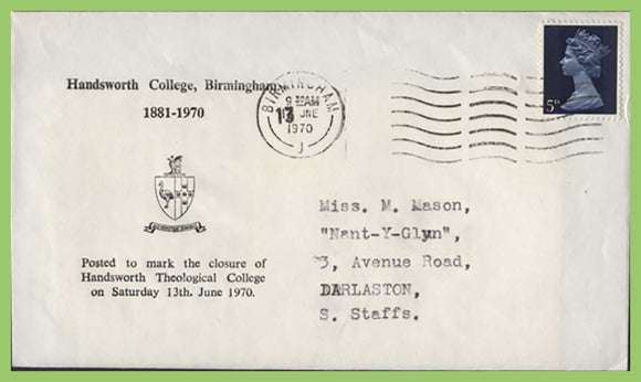 G.B. 1970 Closure of Handsworth College, Methodist commemorative cover