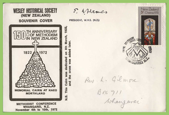 New Zealand 1972 Wesley Historical Society, Methodist, signed (President) commemorative cover