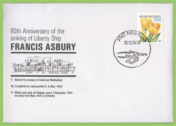 Belgium 2004 60th Anniversary of Sinking of Liberty Ship Francis Asbury commemorative cover