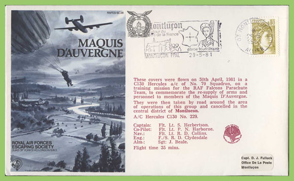 France 1981 RAF Escaping Society, Maquis D'Auvergne flown cover, RAFES SC28