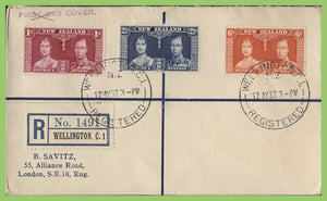 New Zealand 1937 KGVI Coronation set on registered Cover, Wellington