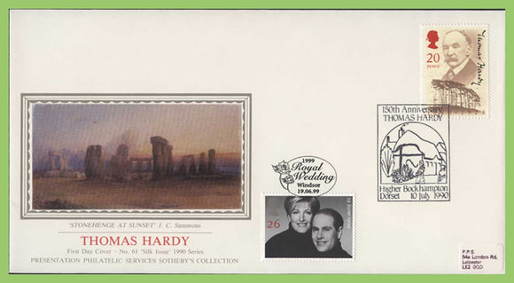 G.B. 1990 Thomas Hardy First Day Coverdual cancel, 2nd cancel !999 Royal Wedding