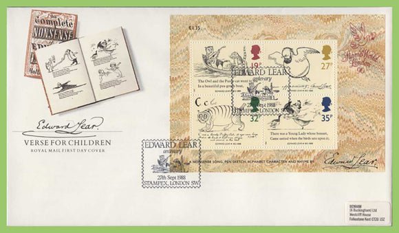 G.B. 1988 Edward Lear miniature sheet on Royal Mail First Day Cover, Stampex