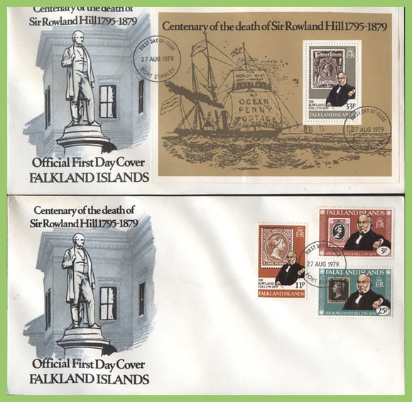 Falkland Islands 1979 Rowland Hill set & M/S on two illustrated First Day Covers, Port Stanley
