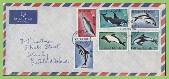 Falkland Islands 1980 Whales and Dolphins set on airmail First Day Cover, Port Stanley