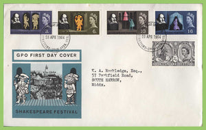 G.B. 1964 Shakespeare set on GPO First Day Cover, Stratford Upon Avon