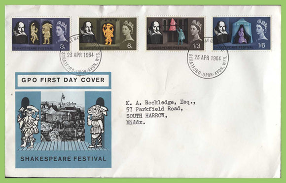 G.B. 1964 Shakespeare phosphor set on GPO First Day Cover, Stratford Upon Avon