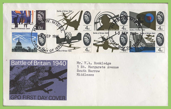 G.B. 1965 Battle of Britain set on GPO First Day Cover, Harrow