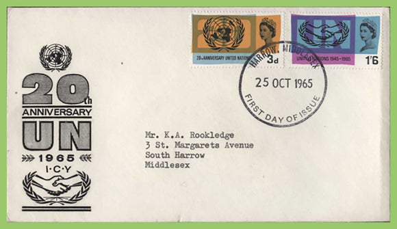 G.B. 1965 U.N. & I.C.Y. set on First Day Cover, Harrow