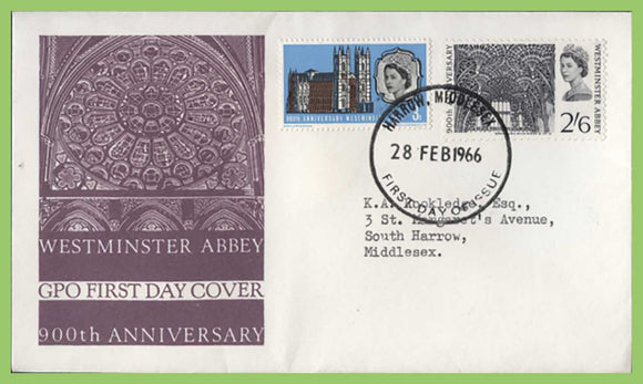 G.B. 1966 Westminster Abbey set on GPO First Day Cover, Harrow
