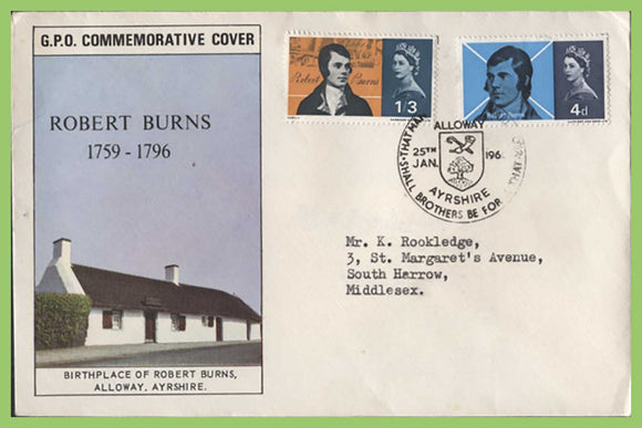 G.B. 1966 Robert Burns set on GPO First Day Cover, Alloway H/S