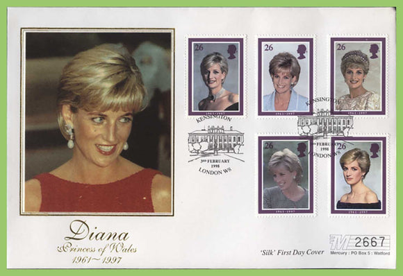 G.B. 1998 Princess Diana set on Mercury silk First Day Cover, Kensington, London W8
