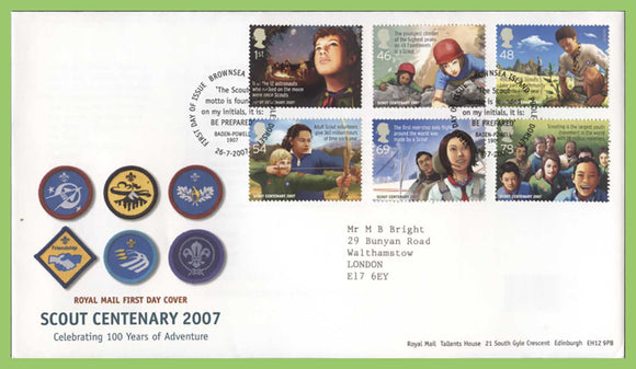 G.B. 2007 Scouts Centenary set on Royal Mail First Day Cover, Brownsea