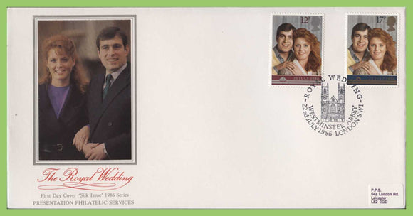 G.B. 1986 Royal Wedding set on PPS silk First Day Cover, Westminster Abbey