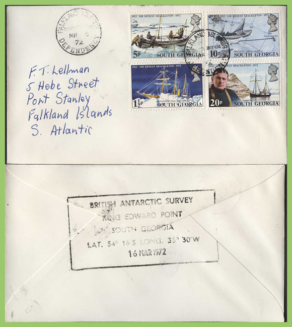 South Georgia 1972 Ernest Shackleton set on cover, with cachet on reverse