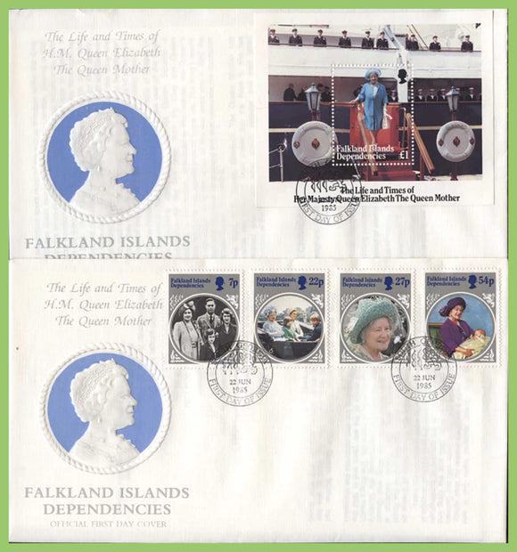 Falkland Island Dependencies 1985 Queen Mother set & M/S on two First Day Covers