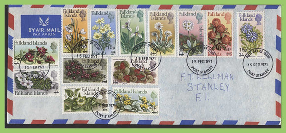 Falkland Islands 1971 Flowers surcharge definitives set on Airmail First Day Cover